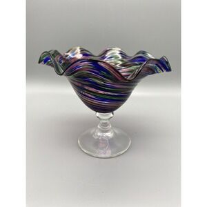 Hand Blown Fluted And Stemmed Art Glass Bowl Multi‎ Colored Swirl